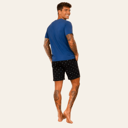 Taro korte herenpyjama in blauwkleur met zwartkleurige short, achteraanzicht