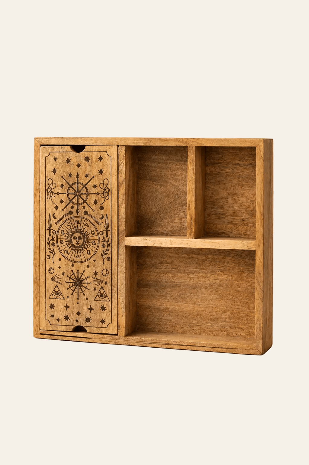 Tarot opbergdoos met kaartdisplay en 4 vakken op een licht beige achtergrond als productfoto