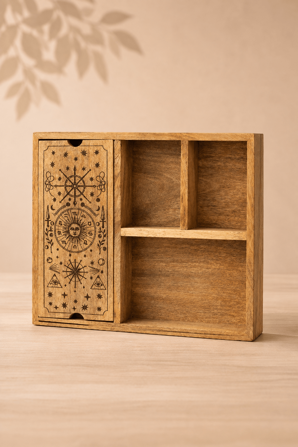 Tarot opbergdoos met kaartdisplay en 4 vakken op een beige gebladerde achtergrond 