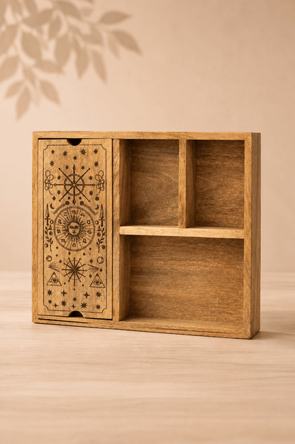 Tarot opbergdoos met kaartdisplay en 4 vakken op een beige gebladerde achtergrond 