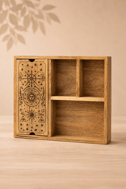 Tarot opbergdoos met kaartdisplay en 4 vakken op een beige gebladerde achtergrond 