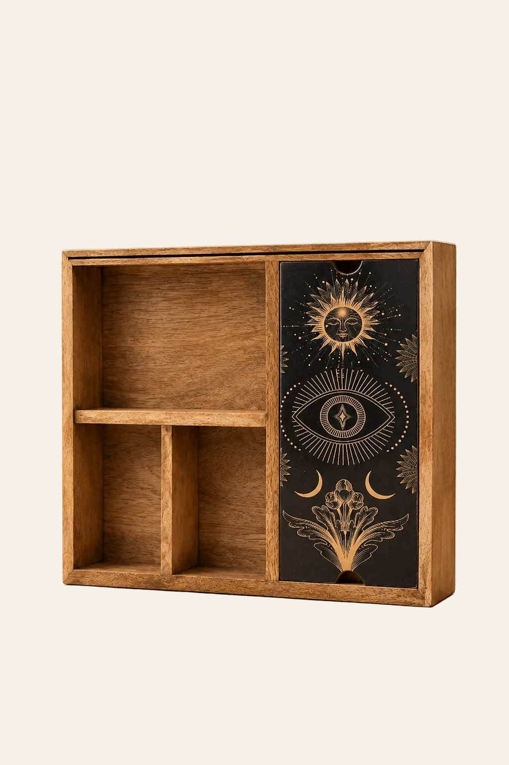 Tarot opbergdoos met kaartdisplay en vier vakken met maan in zon op een lichte beige achtergrond als productfoto