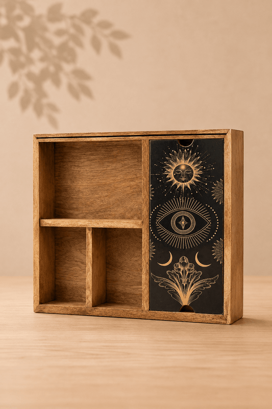 Tarot opbergdoos met kaartdisplay en vier vakken op een beige gebladerde achtergrond