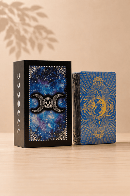 Tarotkaartenset Moon Face met blauwe folie en gids op een beige gebladerde achtergrond