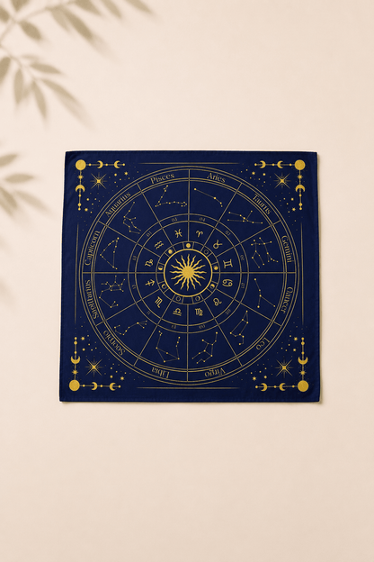 Tarotkleed met dierenriem op een licht beige gebladerde achtergrond