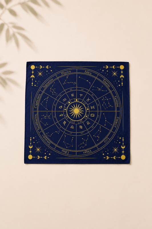 Tarotkleed met dierenriem op een licht beige gebladerde achtergrond