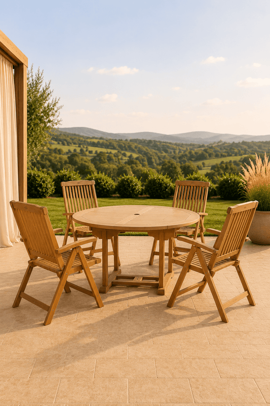 Massief teakhouten tuinset met ronde tafel en vier armstoelen op een beige terras met uitzicht over een groen landschap
