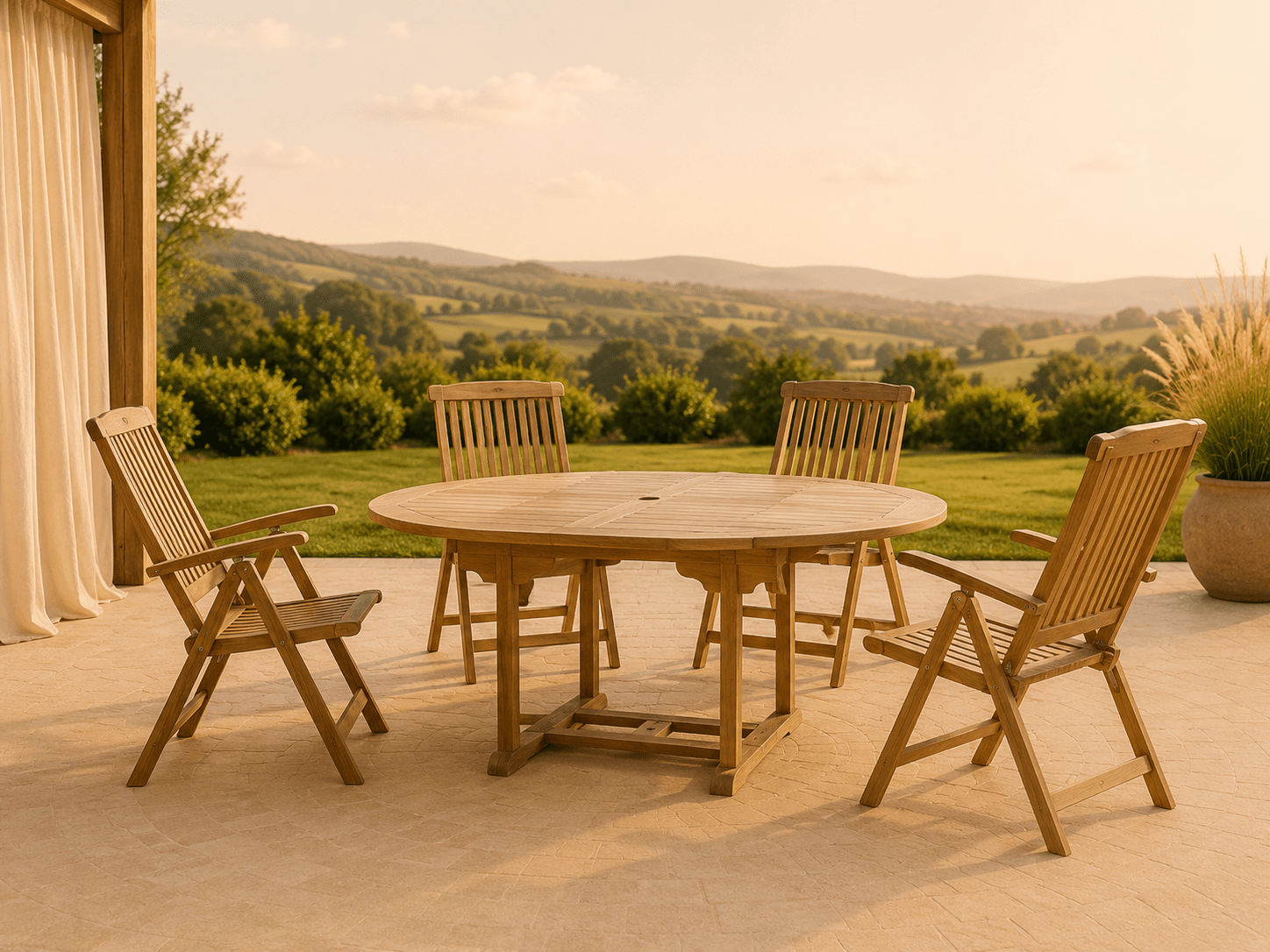 Massief teakhouten tuinset met ronde tafel en vier armstoelen vanuit de zijkant op een zonnig terras met groen uitzicht
