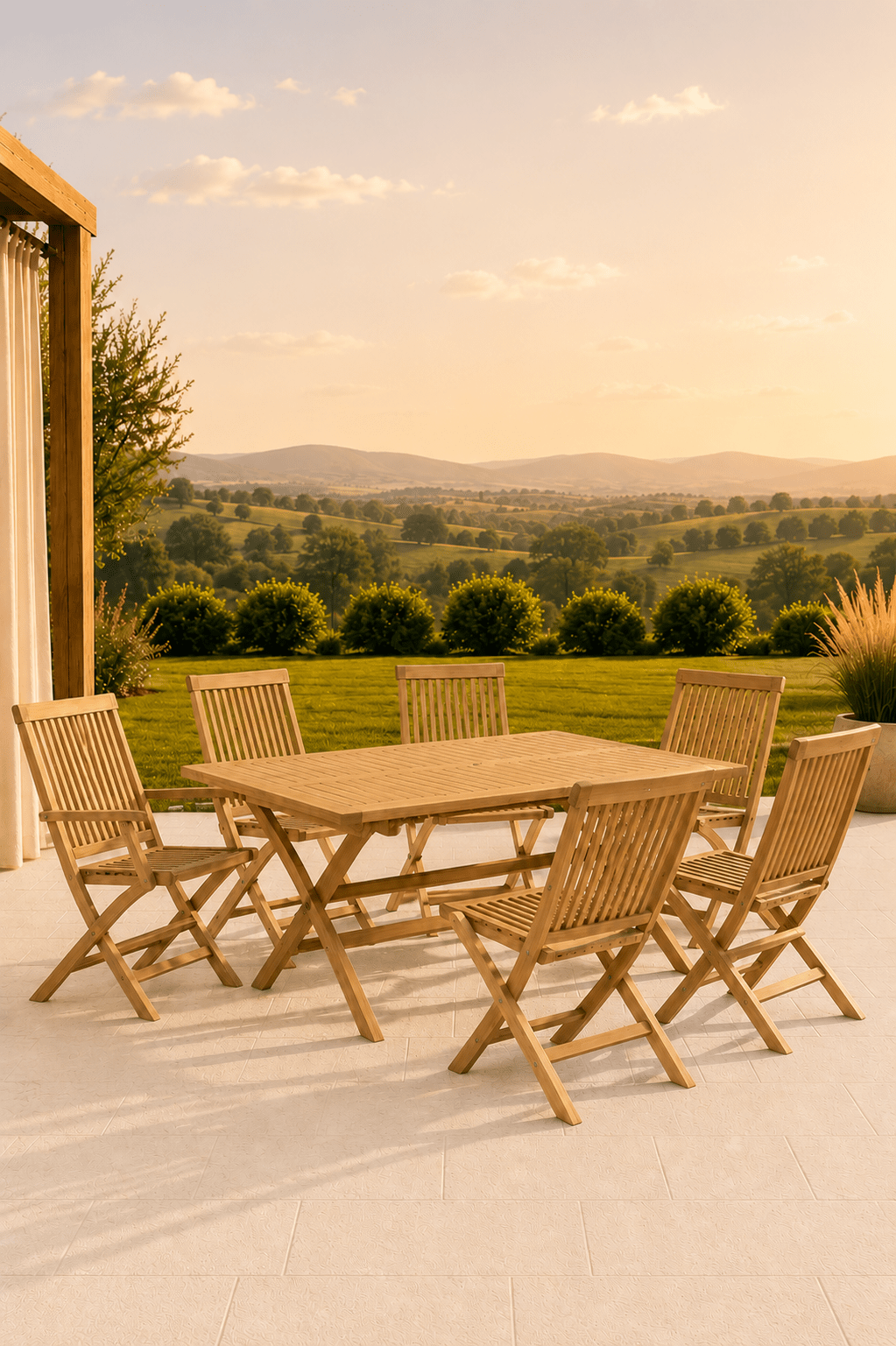 Massief teakhouten tuinset met rechthoekige tafel twee armstoelen en vier eetstoelen op een terras met uitzicht over een groen landschap
