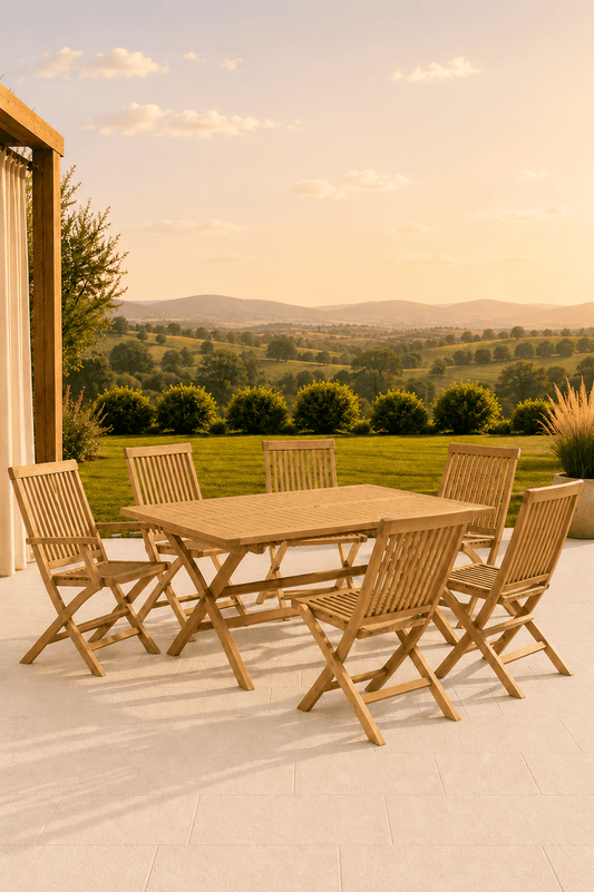 Massief teakhouten tuinset met rechthoekige tafel twee armstoelen en vier eetstoelen op een terras met uitzicht over een groen landschap
