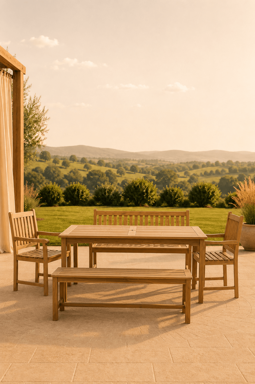 Massief teakhouten tuinset met rechthoekige tafel twee tuinbanken en twee armstoelen op een terras met uitzicht over een groen landschap
