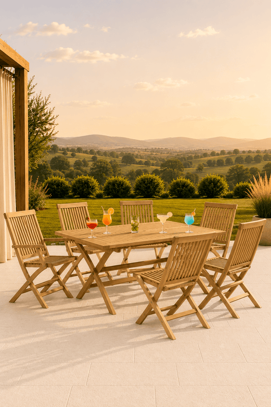 Teakhouten tuinset met rechthoekige tafel twee armstoelen vier eetstoelen en drankjes op een terras met uitzicht over een groene vallei
