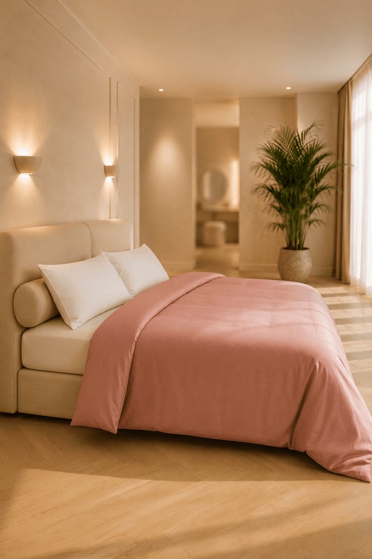 Terra roze satijnen dekbedovertrek van TENCEL Lyocell op een bed in een warme, minimalistische slaapkamer