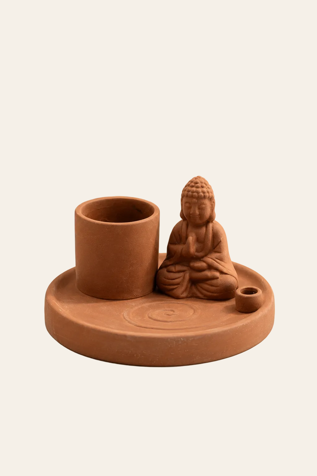 Terracotta Boeddha wierookhouder van bovenaf met rond plateau en geïntegreerde houders voor wierook en kegels