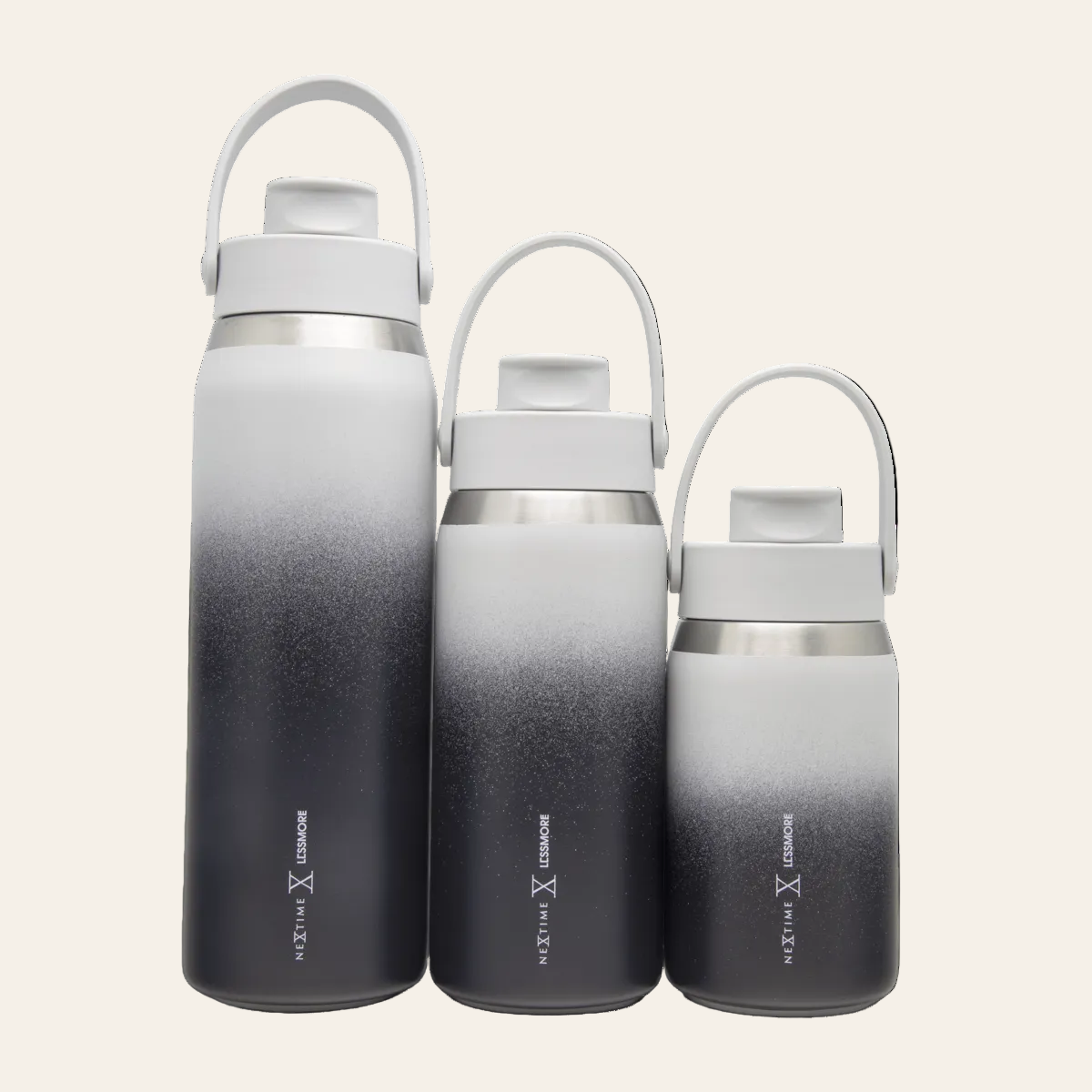 Thermische drinkfles 355, 473 & 710 ml van gerecycled RVS vooraanzicht 3 verschillende maten van drinkfles 