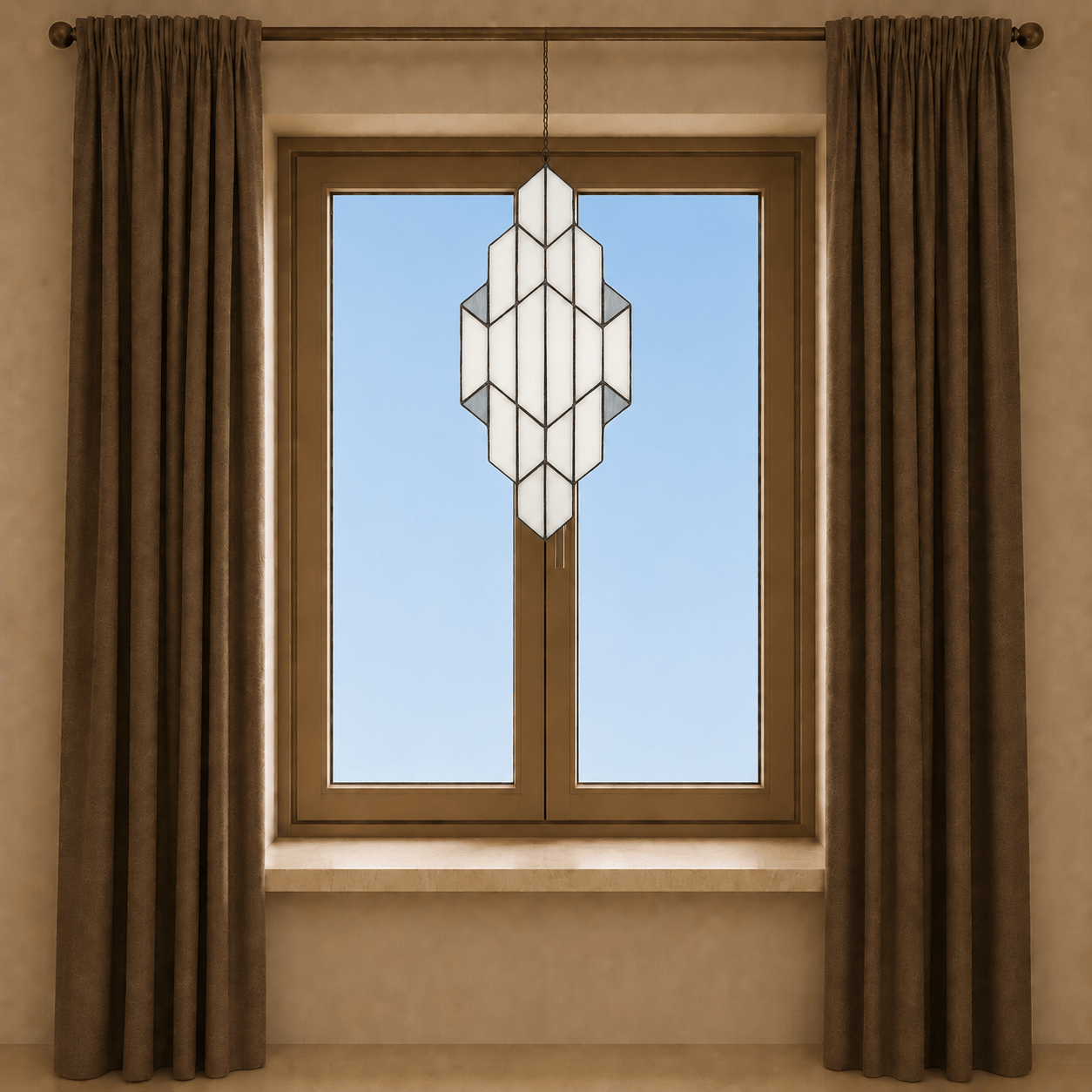 Tiffany raamhanger met geometrisch witkleurig, grijskleurig en transparantkleurig glas-in-lood voor raam