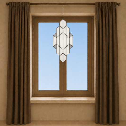 Tiffany raamhanger met geometrisch witkleurig, grijskleurig en transparantkleurig glas-in-lood voor raam