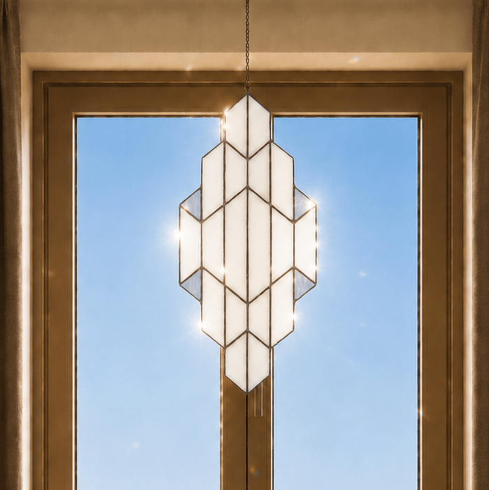 Detail van Tiffany raamhanger met witkleurige, grijskleurige en transparantkleurige glasvlakken en donkere contourlijnen