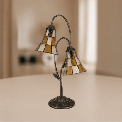 Tiffany tafellamp met twee lelievormige glas-in-loodkappen en florale stelen