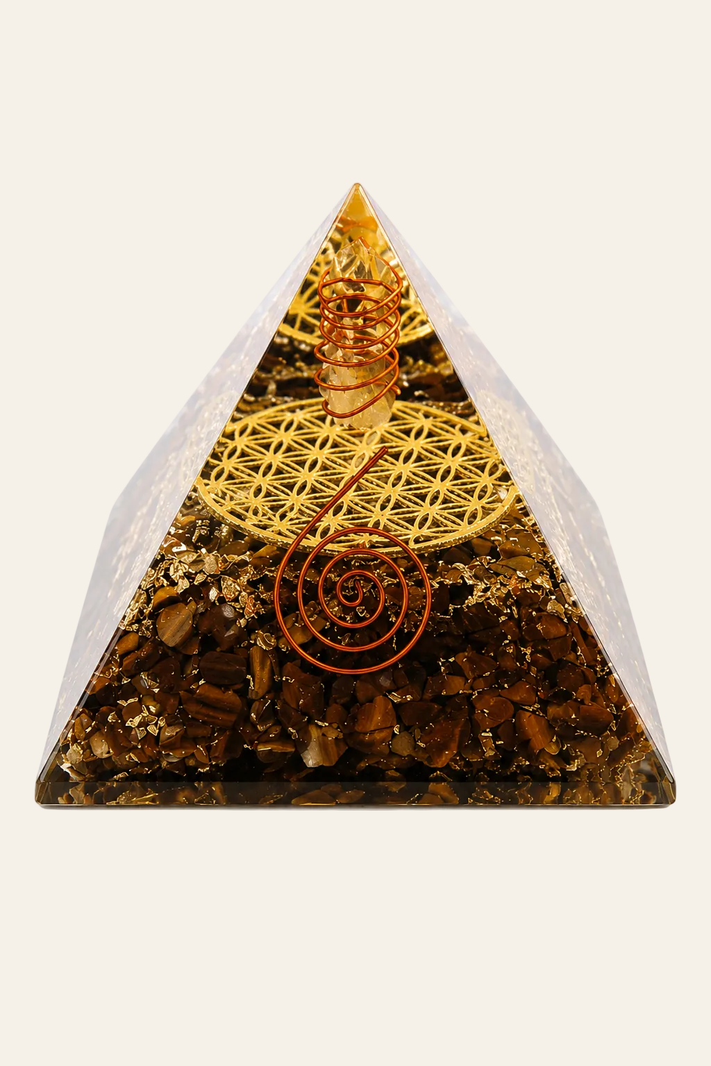 Tijgeroog orgoniet piramide met levensbloem 