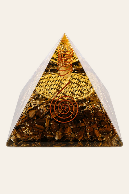 Tijgeroog orgoniet piramide met levensbloem 
