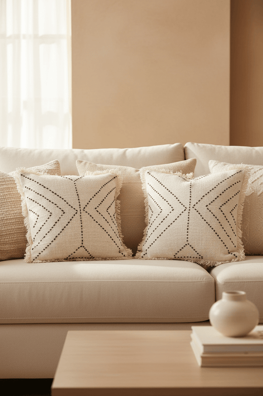 Tribal kussenhoes in naturelkleur met zwartkleurig geometrisch patroon 50 × 50 cm, in een verzorgde woonsetting met zichtbare textuur en vorm.