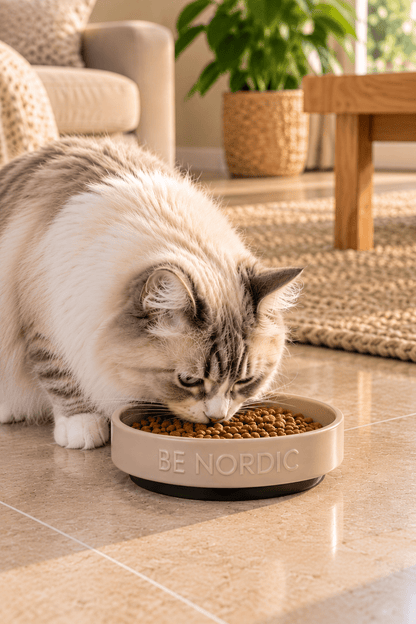 Langharige kat eet uit de taupekleurige Trixie Be Nordic keramische voerbak met rubberen antislipring op een beige tegelvloer in een stijlvolle woonkamer.