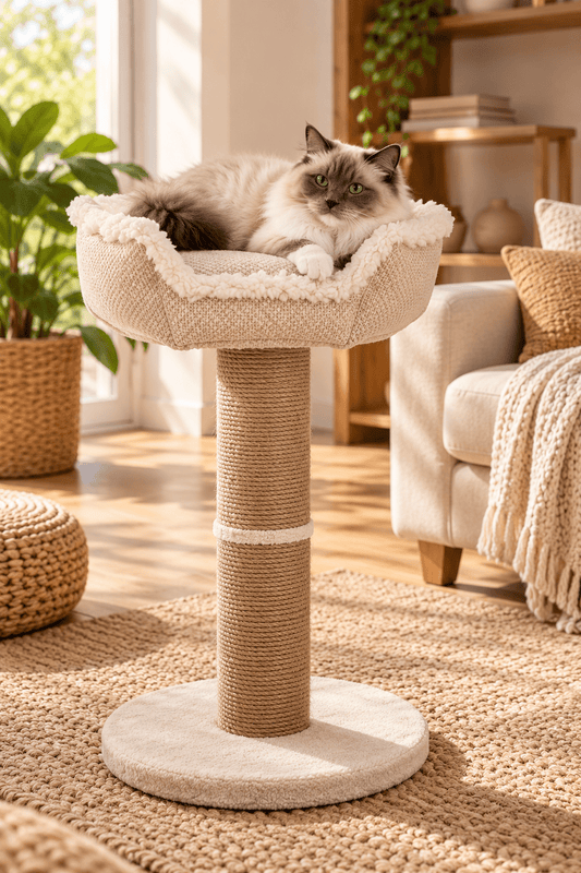 Langharige kat rust in de zachte beige mand van een Trixie Boho krabpaal met jute stam in een warme, huiselijke woonkamer.