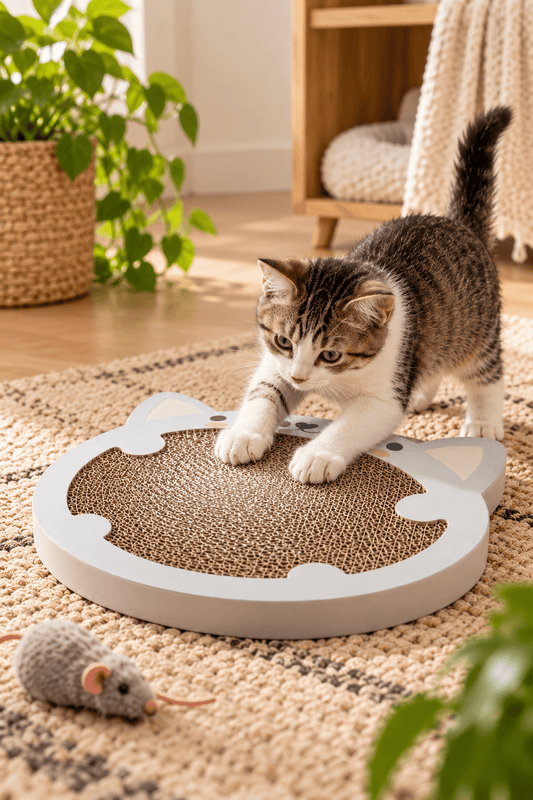 Jonge gestreepte kitten scherpt haar nagels aan een lichtgrijze Trixie krabmat in hamstervorm op een beige vloerkleed.