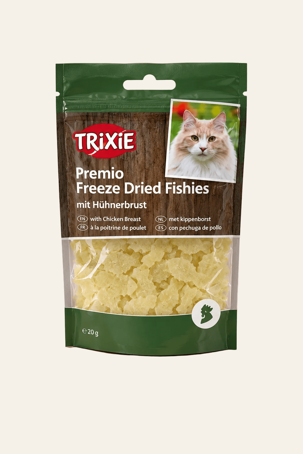 Trixie Premio Freeze Dried Fishies met kippenborst, groene verpakking van 20 gram met lichte visvormige kattensnacks op beige achtergrond.