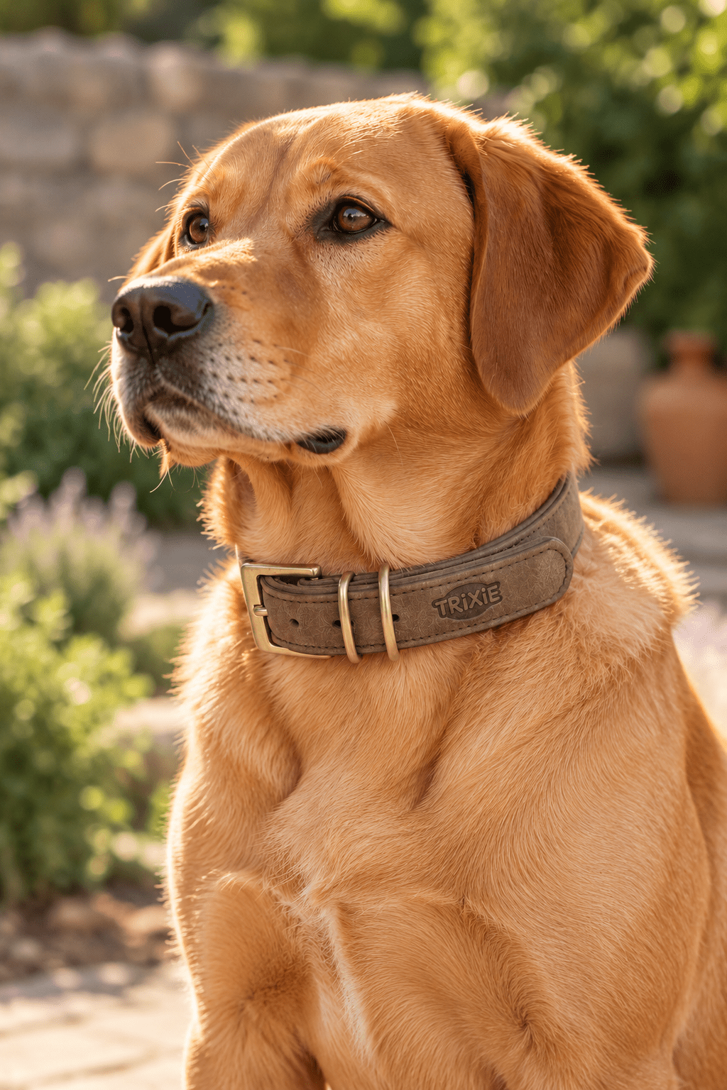 Hond draagt de bruine Trixie Pure leren hondenhalsband met verstelbare gesp en metalen ringen tijdens een ontspannen rustmoment.