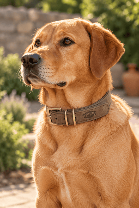 Hond draagt de bruine Trixie Pure leren hondenhalsband met verstelbare gesp en metalen ringen tijdens een ontspannen rustmoment.