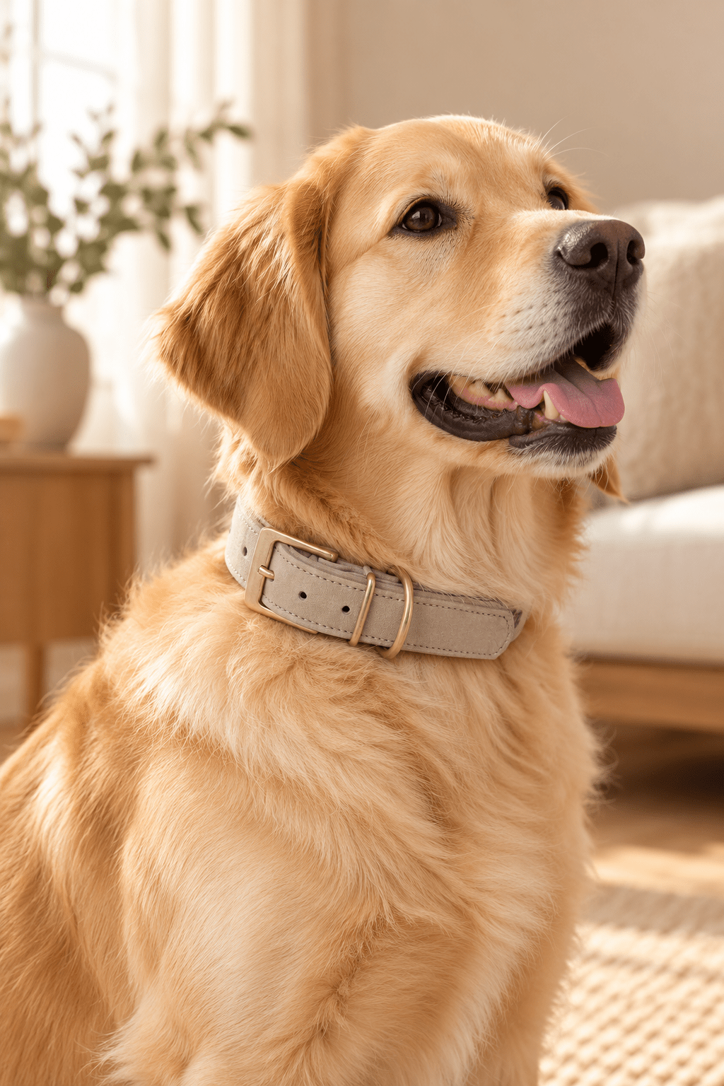 Golden retriever met een lichtgrijze Trixie Pure leren hondenhalsband met zachte voering en metalen gesp in een stijlvolle beige woonkamer.
