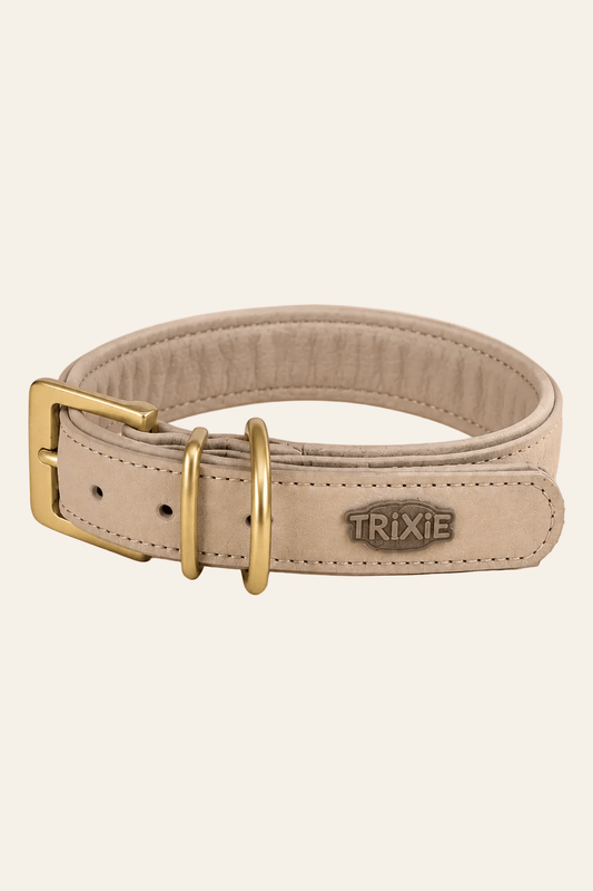 Trixie Pure leren hondenhalsband lichtgrijs maat L met dubbele leren afwerking, zachte voering, metalen gesp en D-ring.