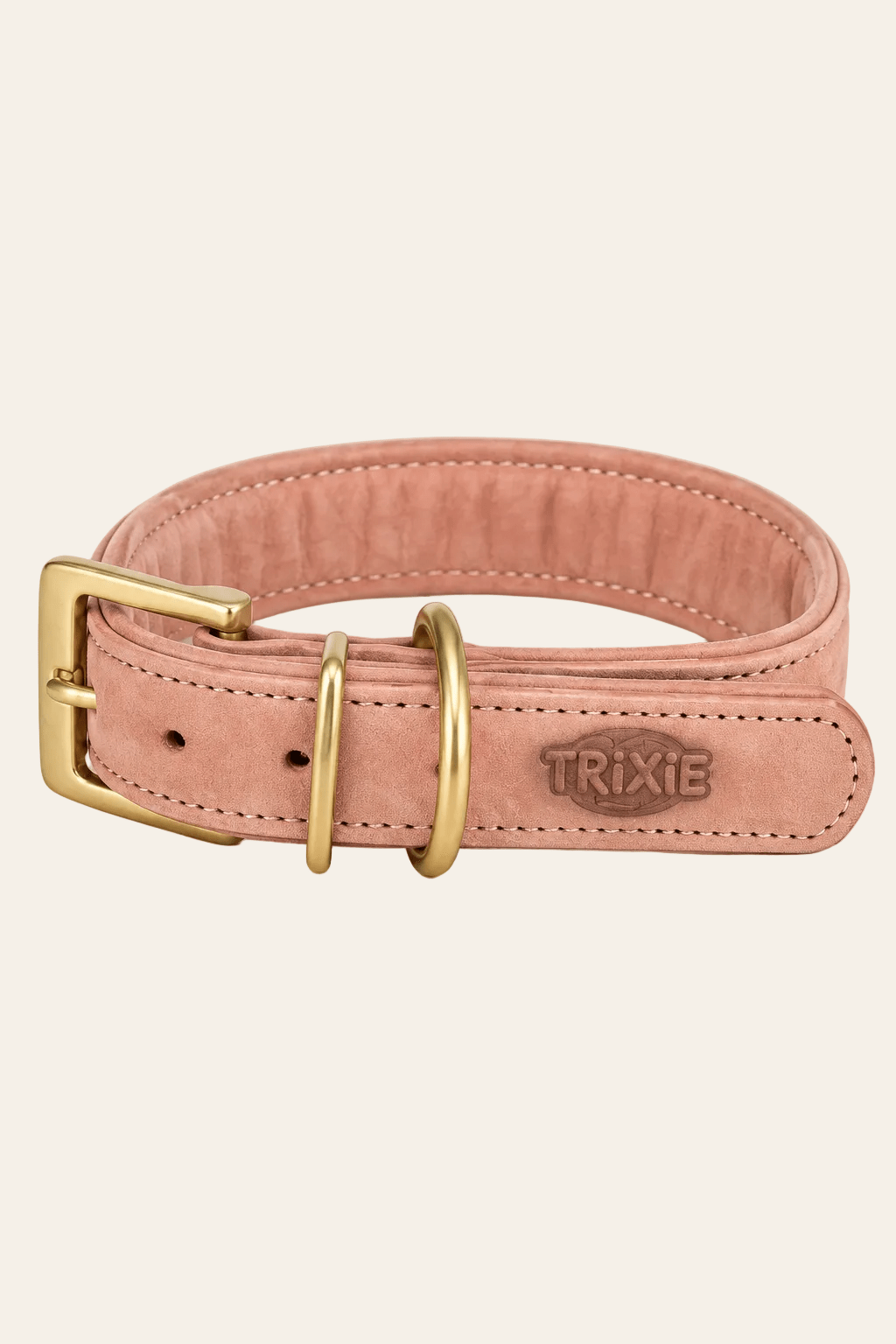 Trixie Pure leren hondenhalsband roze maat S-M 31x37x3cm, met zachte voering, metalen gespsluiting en D-ring op een beige achtergrond.