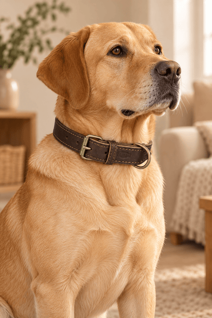 Goudkleurige labrador met een Trixie Rustic donkerbruine leren hondenhalsband van vetleer, met metalen gesp en D-ring, in een stijlvolle beige woonkamer.