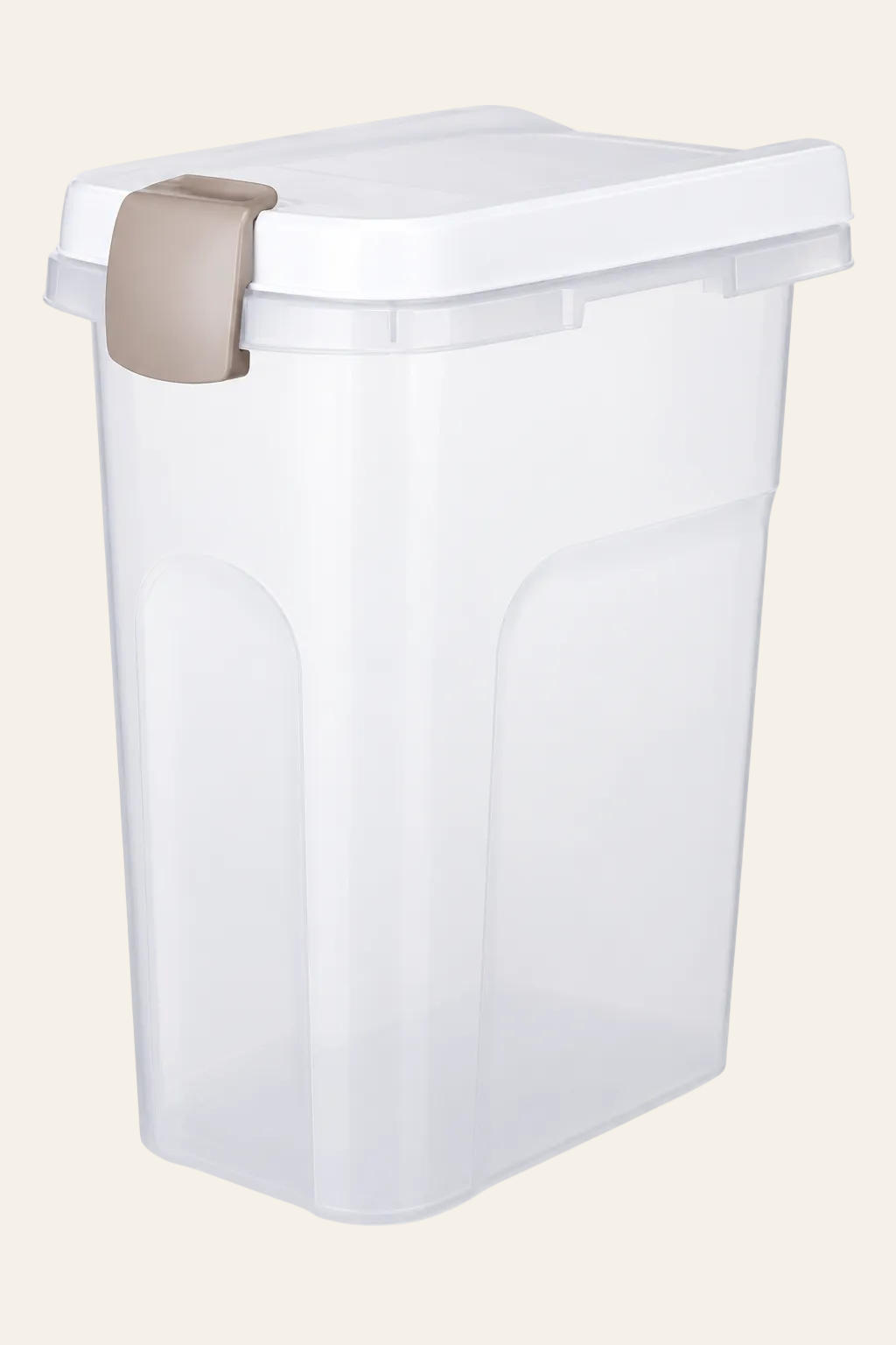 Trixie Voerton transparant wit 15 liter met luchtdicht afsluitbaar klapdeksel, kunststof behuizing en beige sluiting voor het bewaren van dierenvoeding.