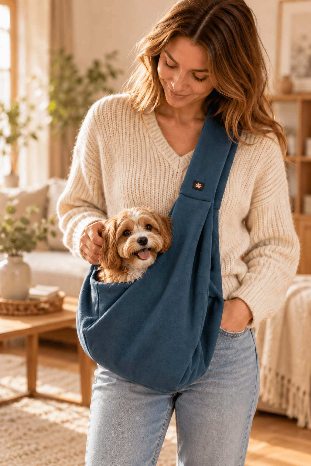 Trixie draagtas buikdrager sling in blauw en grijs voor kleine honden met zachte voering, schoudermodel en opening aan de bovenzijde