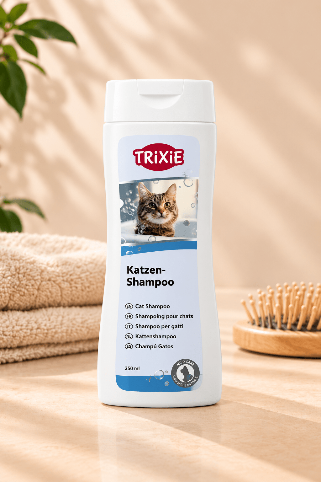 Witte Trixie kattenshampoo met kamille-extract 250 ml op lichtbeige ondergrond met zachte handdoeken en houten borstel.