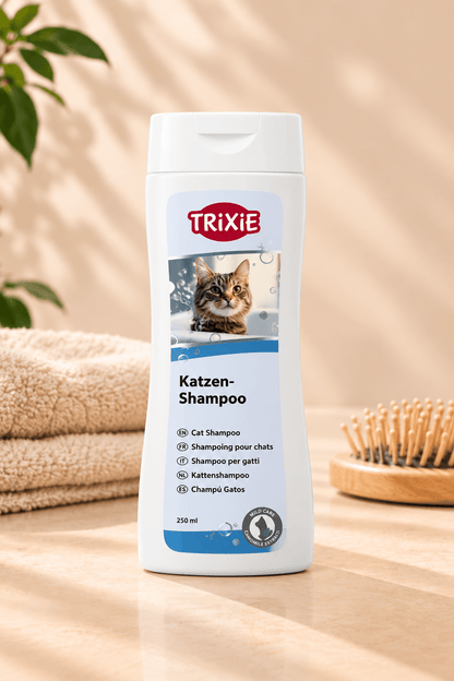Witte Trixie kattenshampoo met kamille-extract 250 ml op lichtbeige ondergrond met zachte handdoeken en houten borstel.
