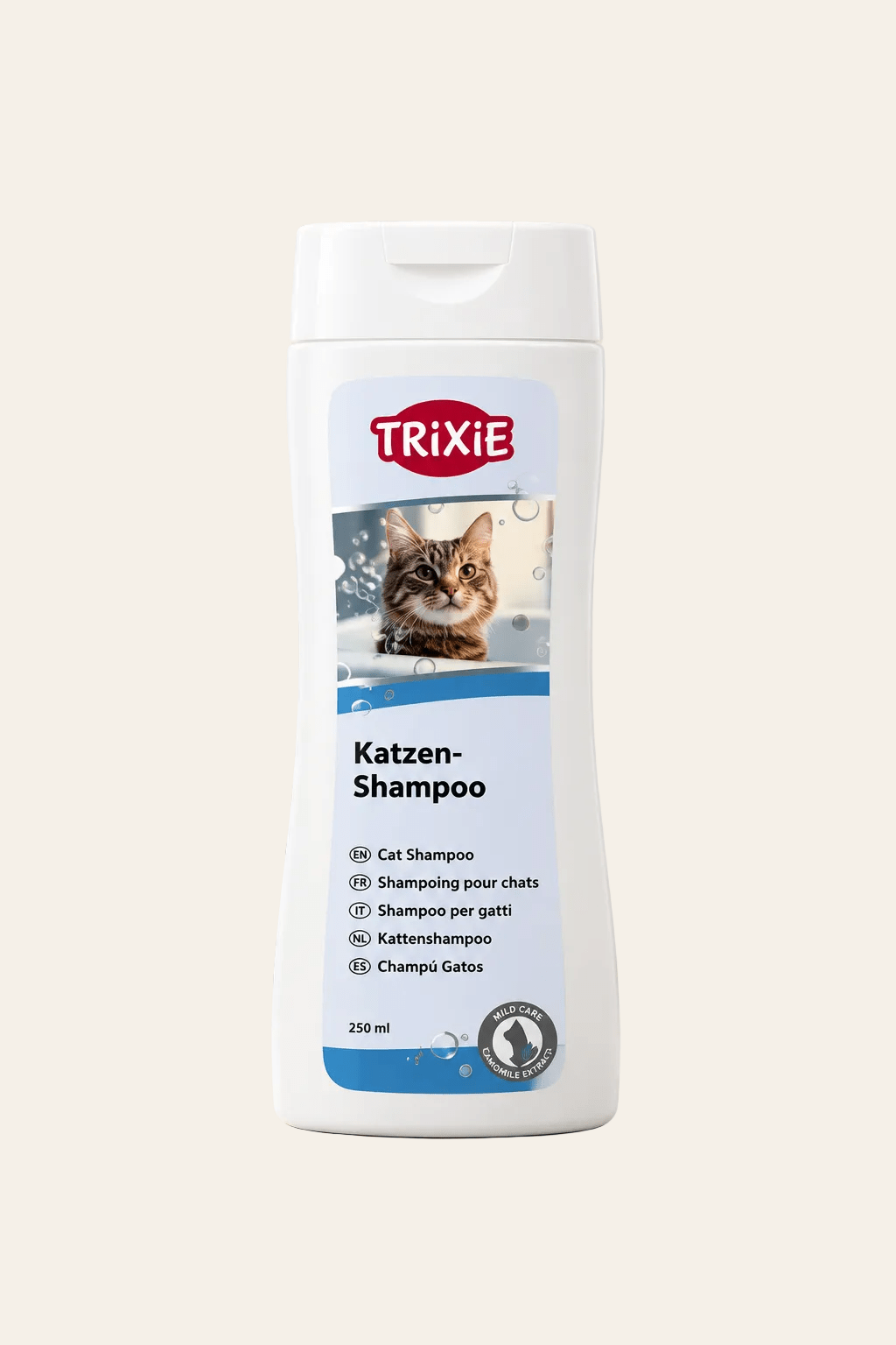 Trixie kattenshampoo 250 ml met kamille-extract in witte flacon met blauwe etiketaccenten en afbeelding van een gestreepte kat.