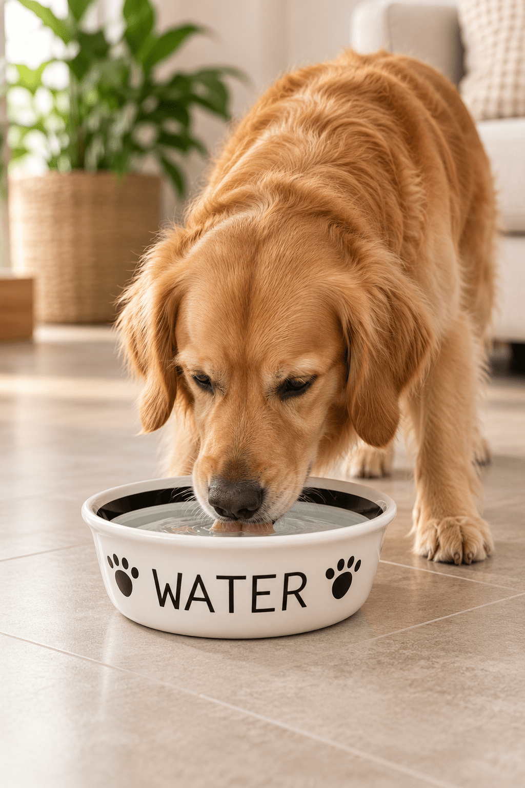 Golden retriever drinkt water uit de witte keramische Trixie drinkbak met zwarte pootafdrukken en opschrift WATER in een stijlvolle beige woonkamer.