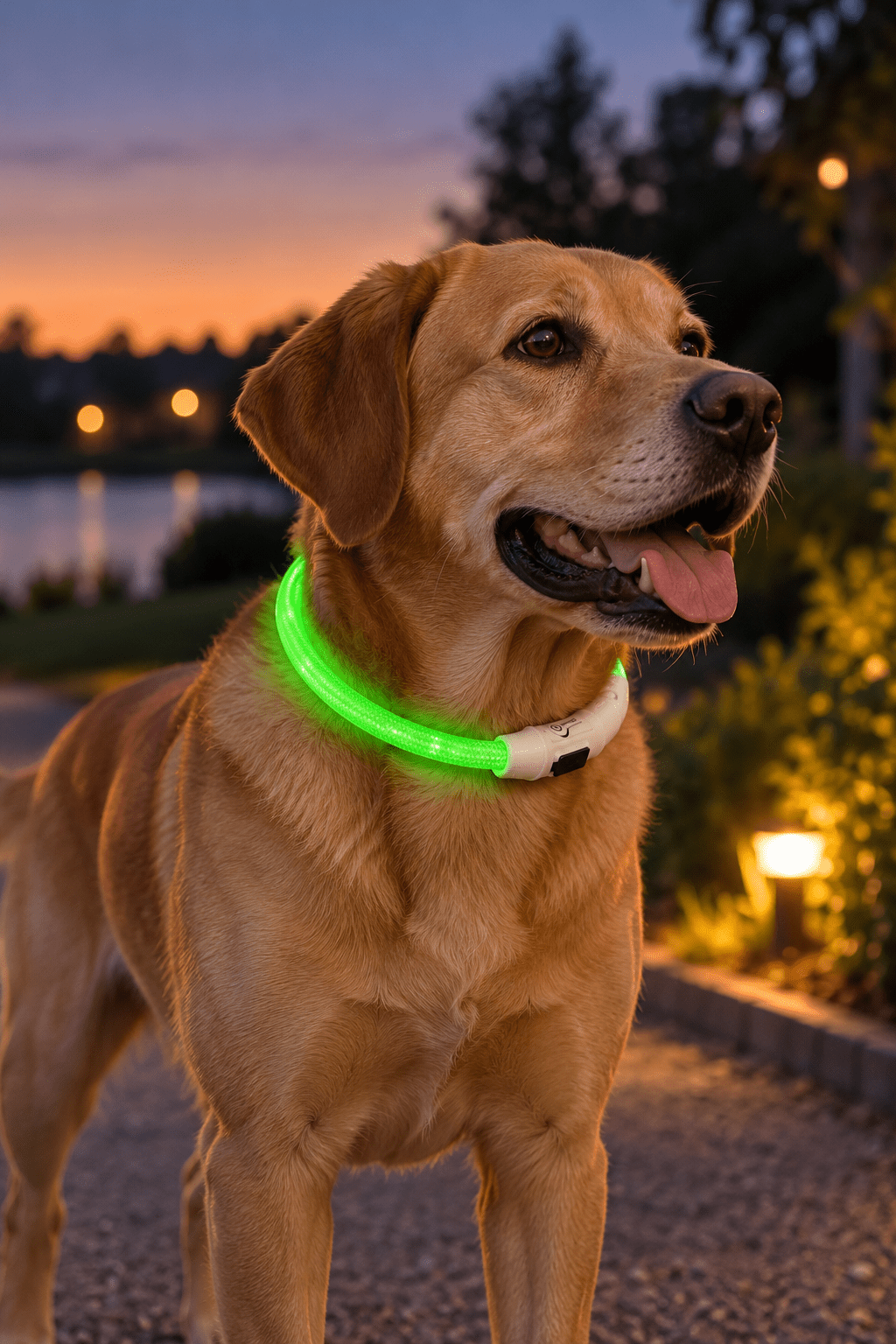 Golden retriever draagt een groen lichtgevende Trixie Flash USB hondenhalsband tijdens een wandeling in de avondschemering.