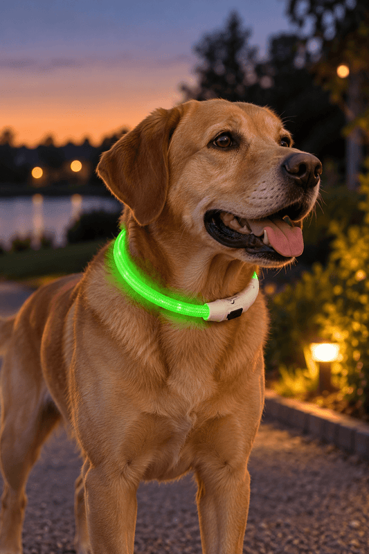 Golden retriever draagt een groen lichtgevende Trixie Flash USB hondenhalsband tijdens een wandeling in de avondschemering.