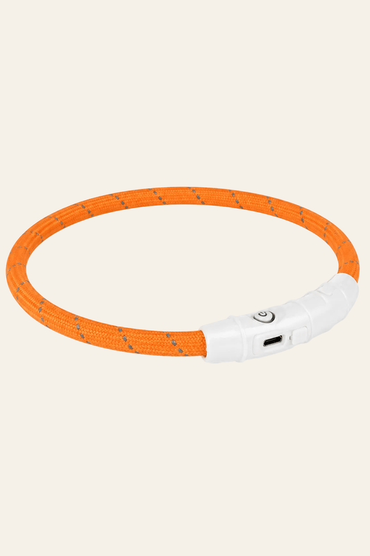 Trixie Flash USB lichtgevende hondenhalsband oranje 45 × 0,7 cm met witte kliksluiting, aan-uitknop en USB-oplaadaansluiting.
