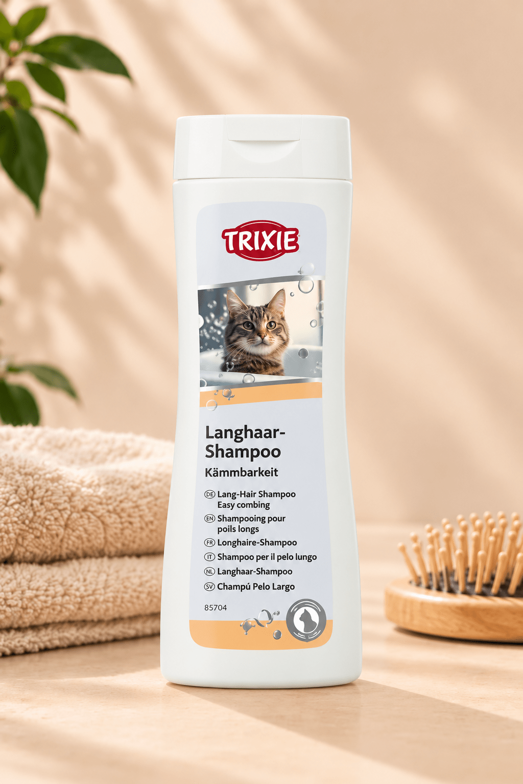 Witte Trixie shampoo 250 ml voor langharige katten op lichtbeige achtergrond met zachte handdoeken en houten verzorgingsborstel.