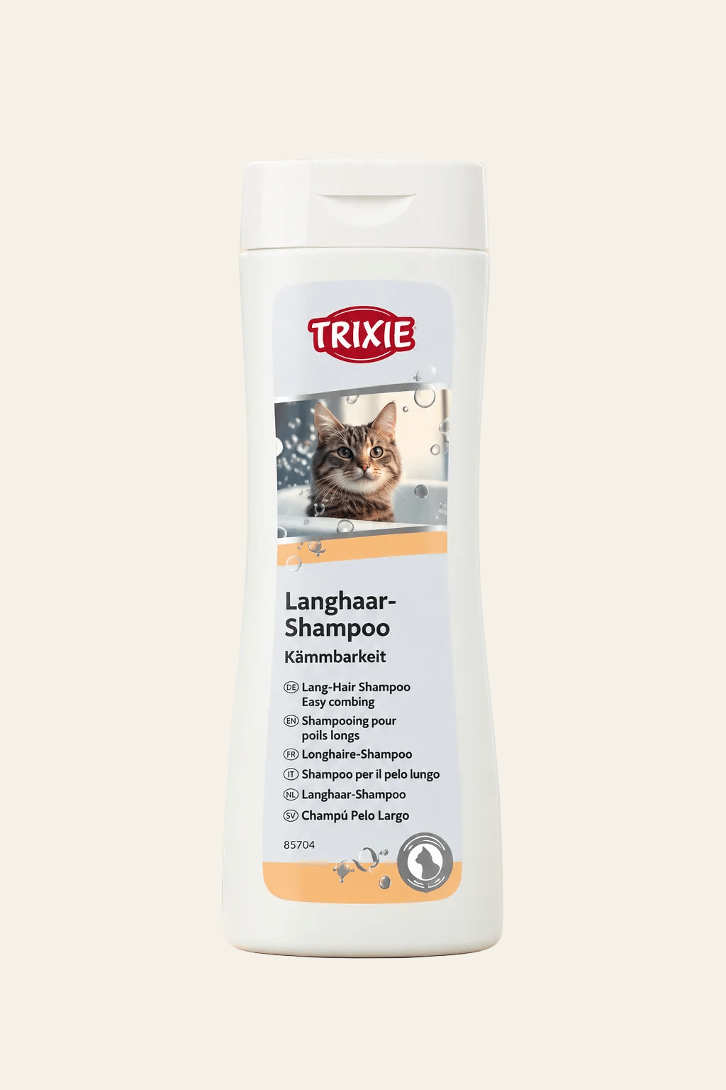 Trixie langhaarshampoo 250 ml voor katten in witte flacon met kattenafbeelding, oranje etiketaccenten en hersluitbare dop.