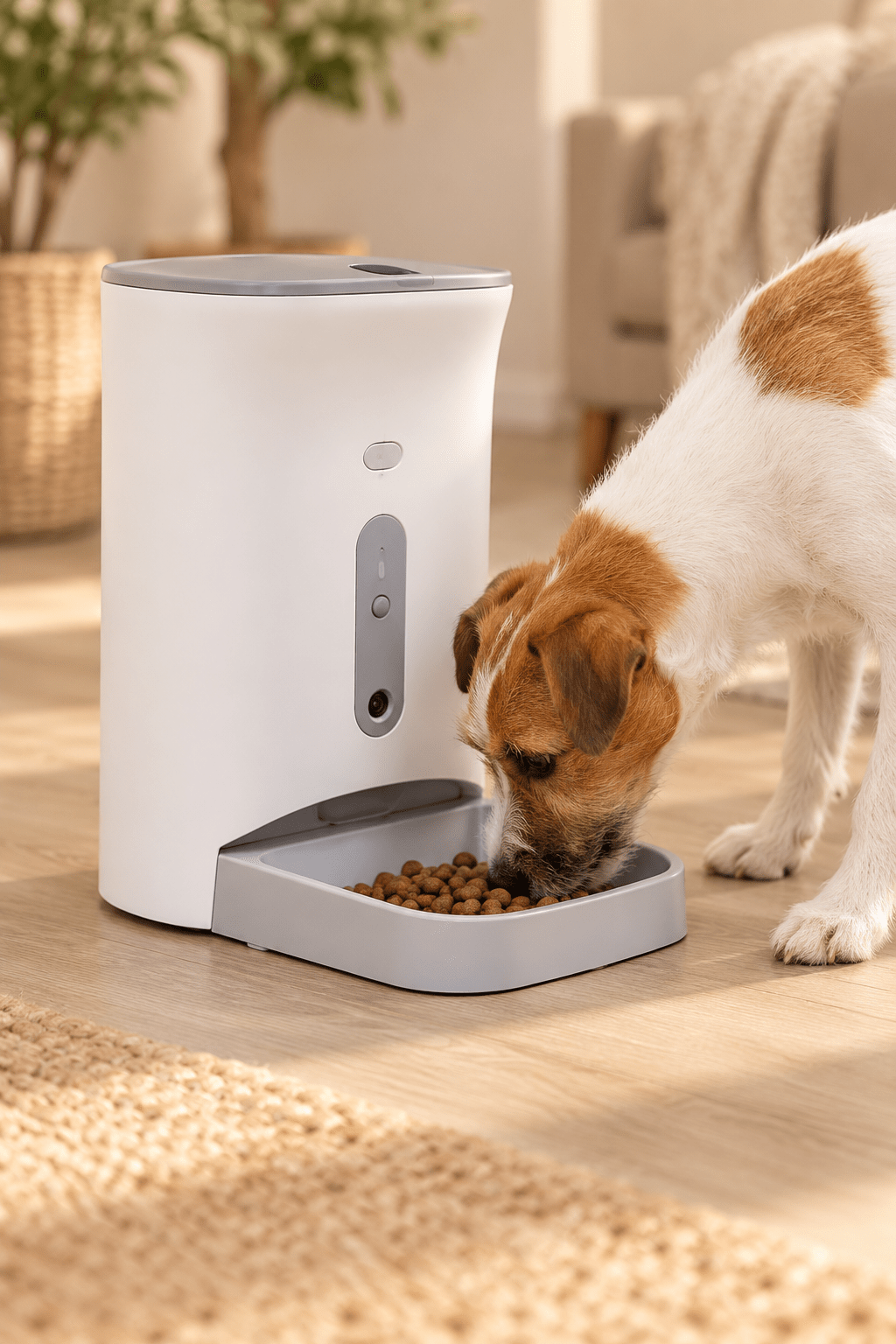 Trixie Smart 2.0 voederautomaat van 4,5 liter met camera en voerbak, in wit en grijs, in een warm beige interieur.