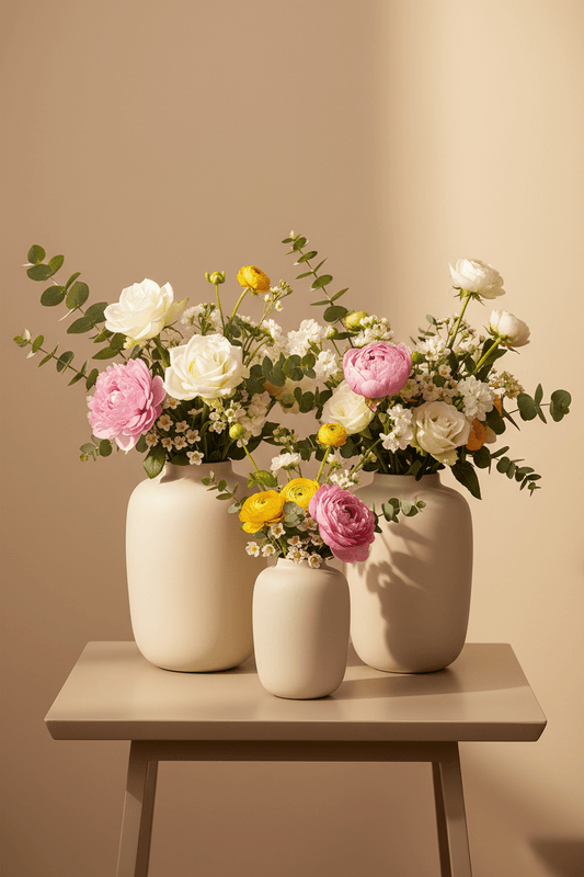 Drie glazen Artic vazen in matte ivoorkleur met bloemboeketten op een houten tafel.