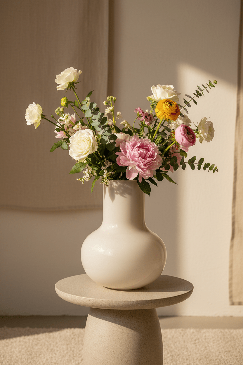 Glazen Seim bolvaas in glanzende ivoorkleur met een bloemboeket op een houten staander.